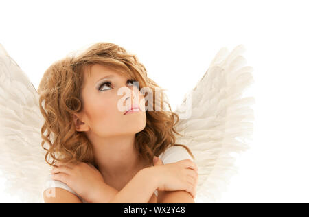 Immagine di un adolescente infelice Angel girl su bianco Foto Stock