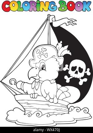Libro da colorare pirata tema Parrot 1 Illustrazione Vettoriale