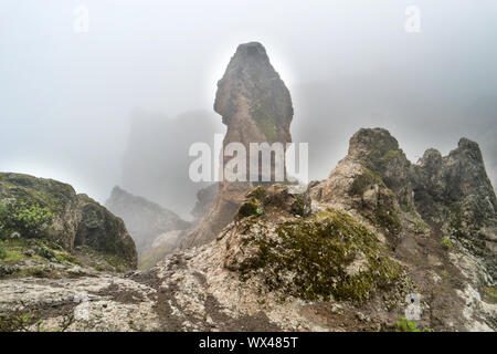 Paesaggio di montagna con roccia a picco nella nebbia Foto Stock