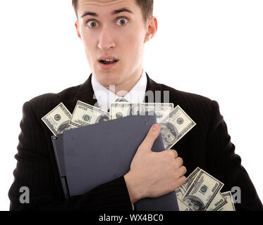 Web-penale con laptop e soldi su sfondo isolato Foto Stock