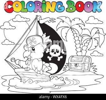 Libro da colorare pirata tema Parrot 2 Illustrazione Vettoriale