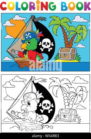Libro da colorare pirate parrot tema 3 Illustrazione Vettoriale