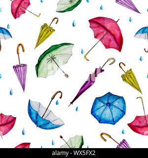 Disegnata a mano ad acquerello ombrelloni multicolori. Foto Stock