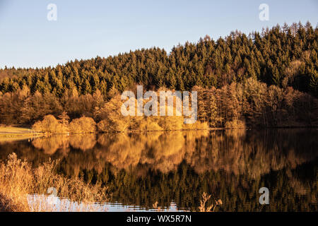 Lago d'autunno con riflessioni di alberi in acqua Foto Stock