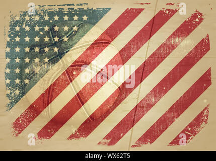 Grunge bandiera degli Stati Uniti, basket ball in background. Foto Stock
