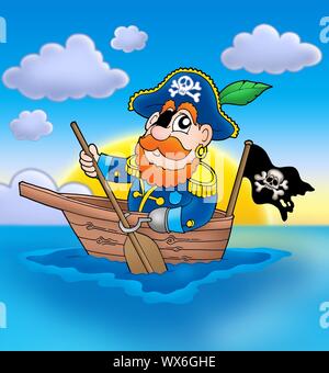 Pirate sulla barca con il tramonto del sole - Illustrazione a colori. Foto Stock
