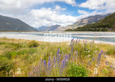 Riverbed paesaggio paesaggio Arthur's Pass nel sud della Nuova Zelanda Foto Stock