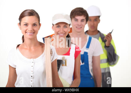 Quattro giovani che illustra diverse professioni Foto Stock