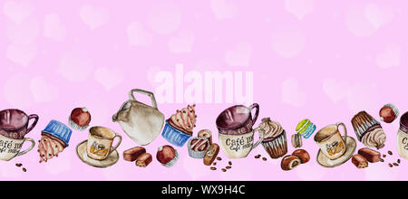 Disegno ad acquerello set per caffè e dolci. Foto Stock
