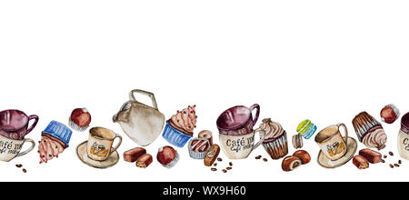 Tazze, tortine e dolci dipinti ad acquerello. Foto Stock