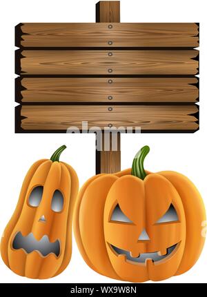 Halloween cartello in legno e zucche Illustrazione Vettoriale