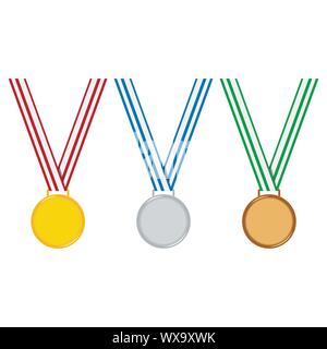 Cartoon style champion medal set isolato su sfondo bianco oro, argento, medaglia di bronzo con spogliato rosso, blu, verde nastro. Illustrazione Vettoriale