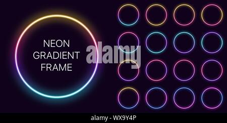 Gradiente di Neon telaio a cerchio con copia spazio. Set di modelli di gradiente al Neon round confine. Espressiva, creative e futuristico elemento grafico, geometri Illustrazione Vettoriale
