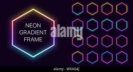 Gradiente di Neon Cornice esagonale con copia spazio. Set di modelli di Neon gradiente confine esagonale. Espressiva, creative e futuristico elemento grafico, geo Illustrazione Vettoriale