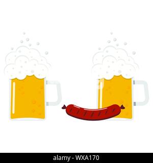 Illustrazione Vettoriale di design piatto impostare boccale di birra, un bicchiere di birra con salsiccia icona isolati su sfondo bianco. Illustrazione Vettoriale