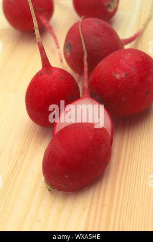 Rosso fresco raddish crudo su legno di pino tabella closeup Foto Stock