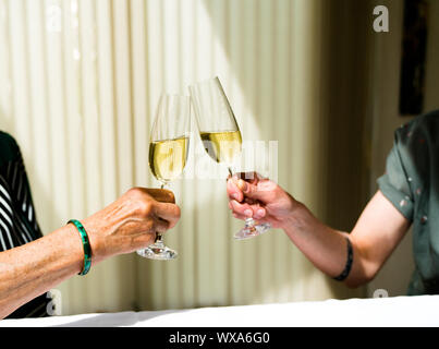Mano di eldery donna e donna giovane la tostatura con bicchieri di champagne Foto Stock