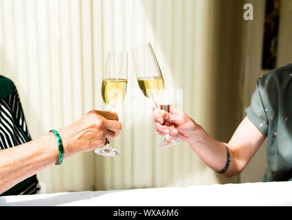 Mano di eldery donna e donna giovane la tostatura con bicchieri di champagne Foto Stock