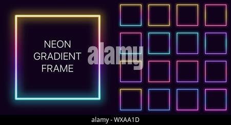 Gradiente di Neon cornice quadrata con copia spazio. Set di modelli di gradiente al Neon quadrato bordo. Espressiva, creative e futuristico elemento grafico, geome Illustrazione Vettoriale