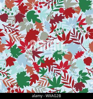Le foglie e i fiori inverno seamless pattern con rami, foglie, bacche e fiori. Natale floreale disegnati a mano sfondo per carta regalo Illustrazione Vettoriale