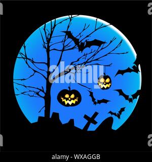 Illustrazione di Halloween con zucche, pipistrelli e grandi luna Illustrazione Vettoriale