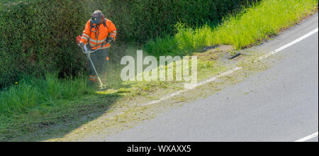 Città addetto alla manutenzione di erbaccia di taglio sulla spalla della strada con un decespugliatore Foto Stock