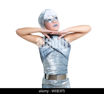 Bambini futuristico Bambini Moda ragazza trucco argento su bianco Foto Stock