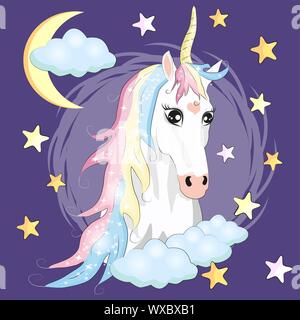 Kawaii cielo notturno Composizione con rose Unicorn stelle e luna crescent isolato su sfondo bianco. Sfondo di festa o biglietto di auguri. Pastel goth Illustrazione Vettoriale