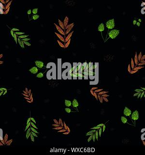 Vivace in arancione e verde Foglie di autunno con abstract puntini in xilografia stile design. Vettore di Seamless pattern su sfondo nero. Ottimo per il benessere Illustrazione Vettoriale