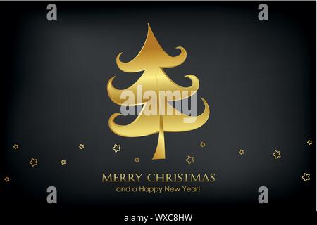 Scheda di natale con golden albero di natale e stelle su sfondo nero illustrazione vettoriale EPS10 Illustrazione Vettoriale