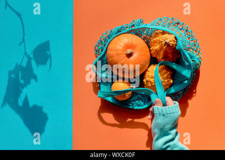 Autunno laici piatta con stringa turchese borsa con orange zucche e mano femminile in blu maglione, vista dall'alto su split ciano e arancione lo sfondo della carta. Foto Stock