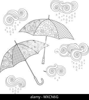 Ombrello in stile doodle ispirato a Zentangle isolato su bianco. Pagina di libro da colorare per adulto Illustrazione Vettoriale