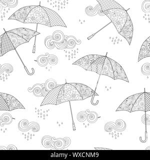 Motivo senza cuciture con ombrello in stile doodle ispirato a Zentangle isolato su bianco. Pagina di libro da colorare per adulto Illustrazione Vettoriale