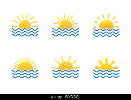 Sunrise e mare cartoon temlates logo collection. Onde di acqua e di sunbeam set di icone. Agenzia di viaggi concept Illustrazione Vettoriale