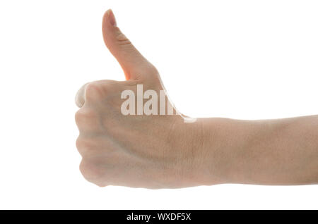 Vista laterale di una mano femminile che mostra un segno ok. Isolato su uno sfondo bianco. Foto Stock