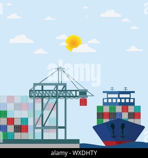 Il trasporto merci nave sul mare il caricamento di container dalla gru portuale nel porto di spedizione illustrazione vettoriale. Illustrazione Vettoriale