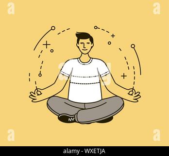 Uomo che fa yoga. Meditazione, relax in stile lineare. Illustrazione vettoriale Illustrazione Vettoriale