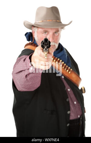 Chubby cowboy con pistola su sfondo bianco Foto Stock