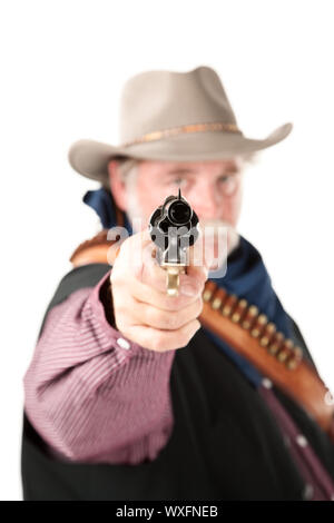 Chubby cowboy con pistola su sfondo bianco Foto Stock
