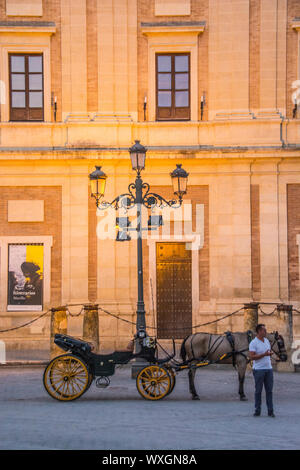 Un cavallo e una carrozza di fronte ad un hotel nella città di Siviglia, Spagna. Foto Stock