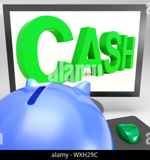 Contanti sul monitor che mostra le finanze e prestiti di denaro Foto Stock