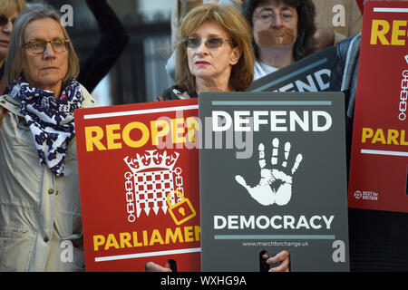 I manifestanti al di fuori della Corte Suprema a Londra dove i giudici sono dovuti a considerare legali le sfide al Primo Ministro Boris Johnson per la decisione di sospendere il parlamento. Foto Stock