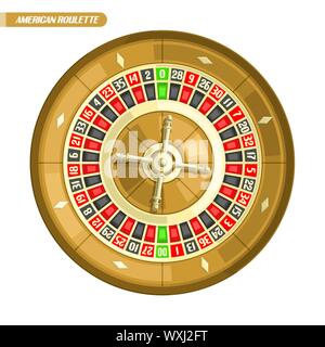 Illustrazione Vettoriale di ruota della Roulette: American Roulette con doppio zero e golden wheel per online casino, vista dall'alto, isolato su sfondo bianco. Illustrazione Vettoriale
