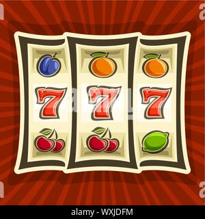Poster del vettore per la Slot Machine: logo del gioco d'azzardo di Online casino su sfondo di raggi di luce, gamble game icona con il classico bonus vincere 777, sull'aspo 0 Illustrazione Vettoriale