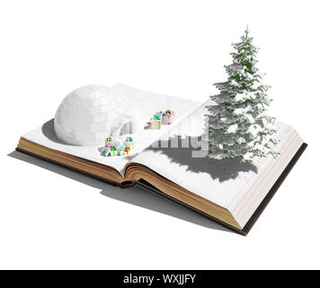 Igloo con i regali di Natale sul libro aperto. 3d concept Foto Stock