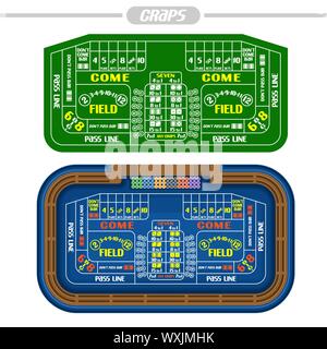 Immagine vettoriale del tavolo da craps: verde professional craps la tabella per i casinò online e il campo blu per le piastrine gamble, isolato su bianco. Illustrazione Vettoriale