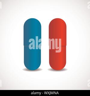 Pillola rossa pillola blu. Blu e rosso pillole su sfondo bianco. Illustrazione Vettoriale