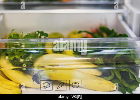 Dieta vegetariana. Plastica banane libero,insalata di spinaci, sedano, mele, arancione in frigo. Rifiuti Zero a fare la spesa. Ortaggi freschi nel cassetto aperto Foto Stock