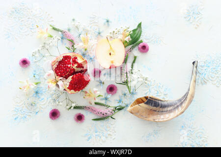 La religione immagine di Rosh hashanah (ebreo nuovo anno di vacanza) concetto. Simboli tradizionali Foto Stock