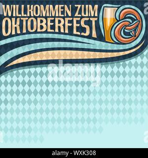 Poster del vettore per Oktoberfest: layout per festival menu blu su sfondo Arlecchino, scritte - willkommen zum oktoberfest, bicchiere di birra e bavari Illustrazione Vettoriale